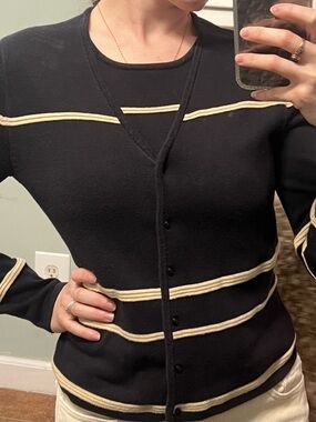 Business Old Money VTG Black Beige Striped Knit Cardigan Sweater Button Front PS